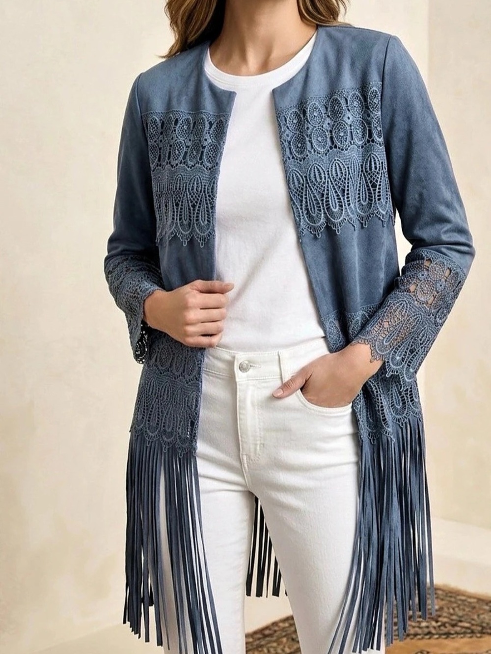 Chico's Faux Suede Cutwork fringe Jacket - Picture 3 of 7